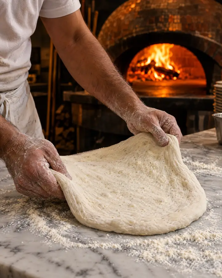 L’impasto steso a mano davanti al forno a legna