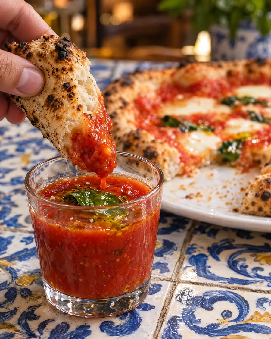 Il cornicione della pizza intinto nel bicchiere di sugo